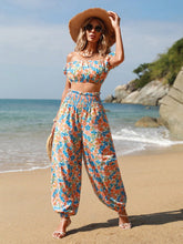 Women's Off Shoulder Cropped Top & Shirred Wide Waistband Pants In All Over Floral Print